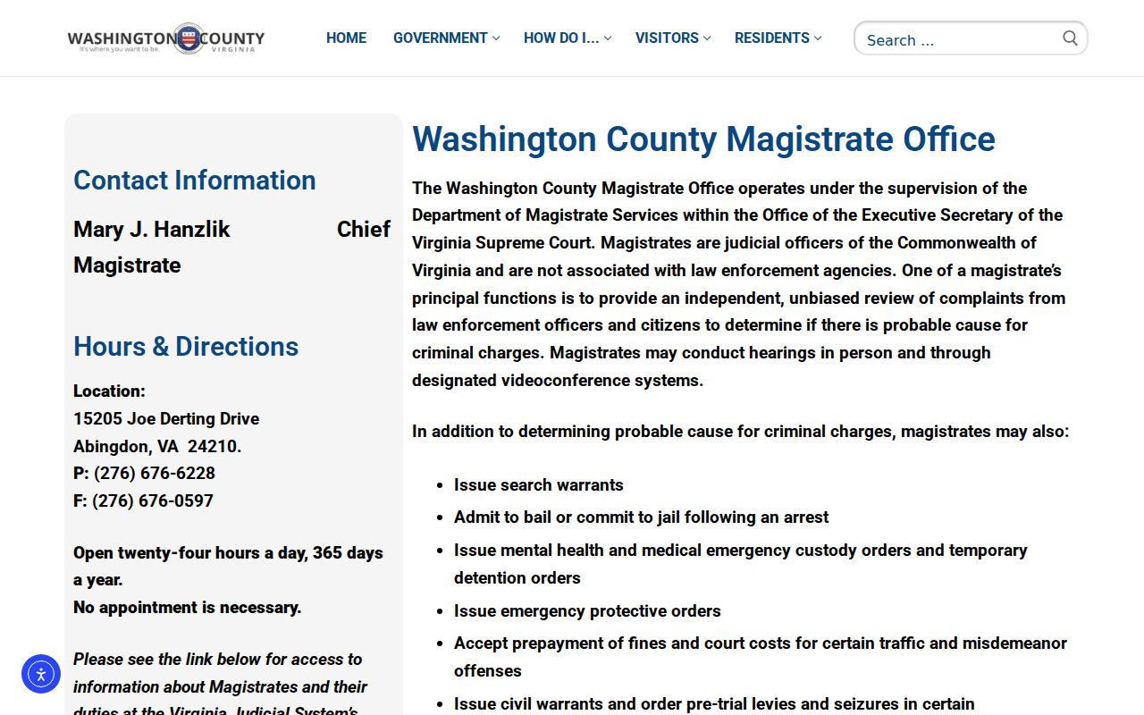 Washington County bench warrant process: magistrate office location and function