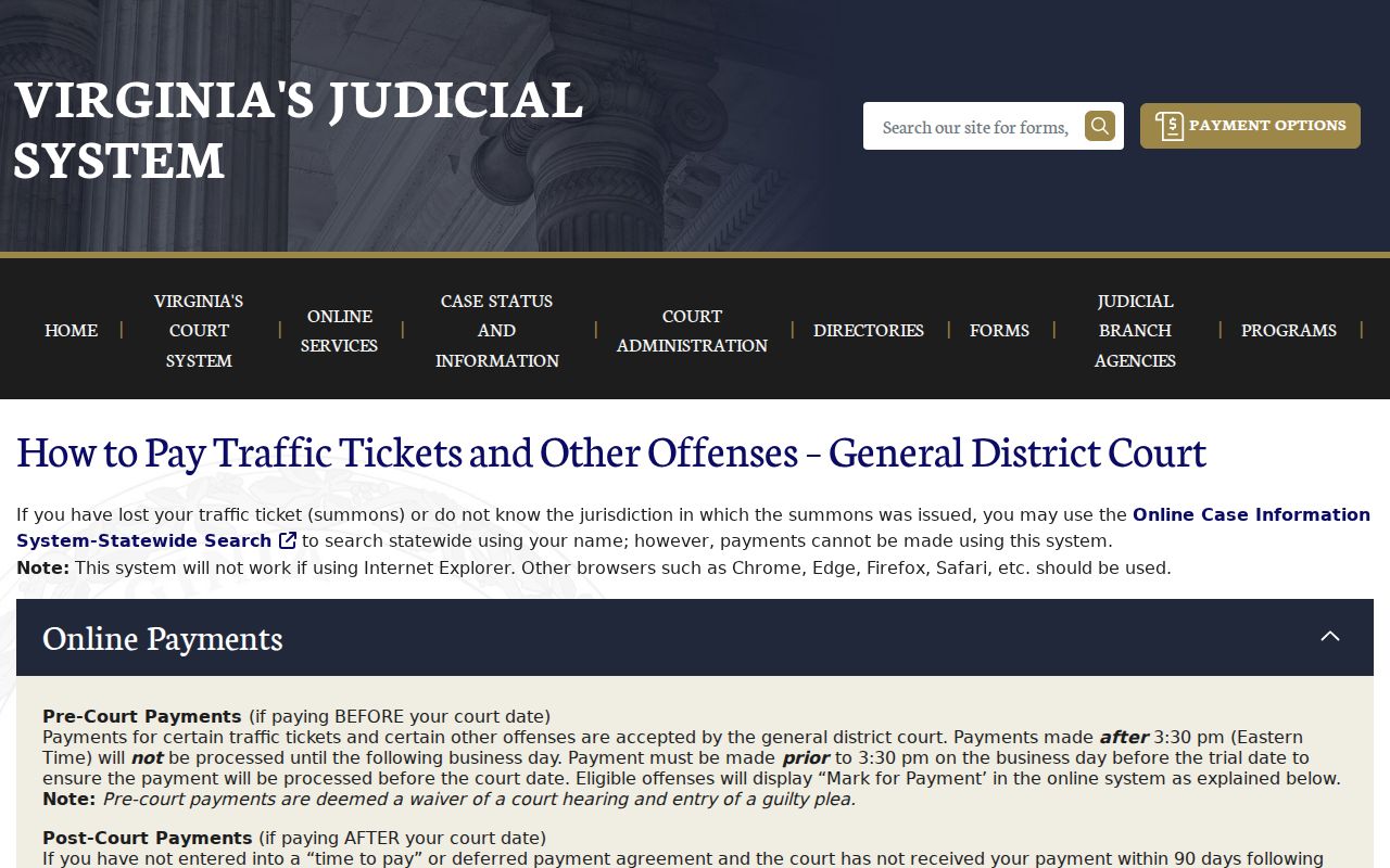 Washington County traffic warrant search: Virginia ticket case and payment routing page