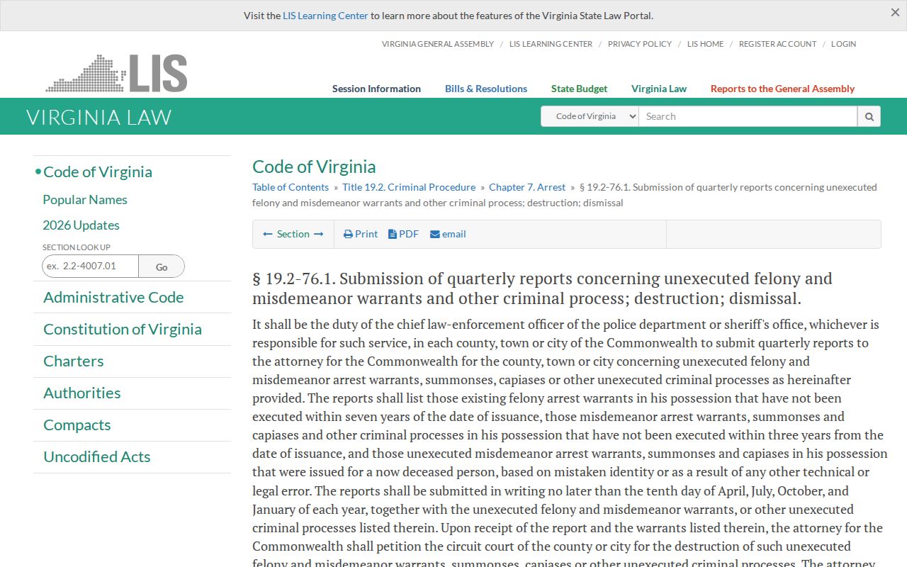 Washington County active warrant records: Virginia law on unexecuted process reporting