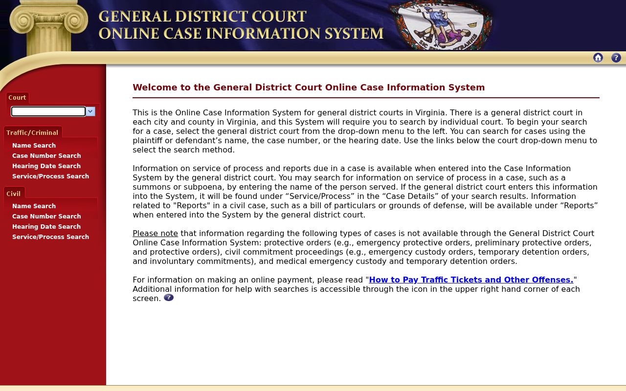 Washington County warrant search: official General District Court selection screen